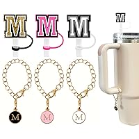 （3 +3) 3PCS Nuozme Straw Cover 10mm For Stanley Tumbler Cup Reusable Straw Cap Topper with 3 Initial Letter Charms Accessories Name ID Personalized Handle Charm For Stanley 30&40 Oz Cup Tumbler (M)