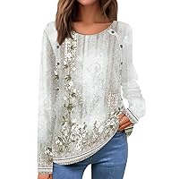 Womens Tops Fall 2023, Vintage Floral Print Crewneck Long Sleeve Button Shirts Fall Dressy Loose Fit Workout Blouse