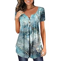 Tunic Tops to Wear with Leggings, Women's Tunic Tops for Leggings Short Sleeve Hide Belly Dandelion Henley Blouses Cute Flowy Button V-Neck Casual Dressy Blouses