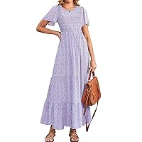 Women's 2023 Floral Boho Maxi Dress Casual Summer Short Flutter Sleeve Round Neck Smocked Flowy Midi Dresses