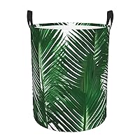 Green Palm Leaf Round waterproof laundry basket,foldable storage basket,laundry Hampers with handle,suitable toy storage