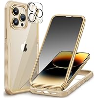 CENHUFO iPhone 14 Pro Case, with Built-in Anti Peep Tempered Glass Privacy Screen Protector and Camera Lens Protective Full Body Shockproof Cover Privacy Phone Case for iPhone 14 Pro - Beige/Gold