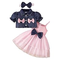 Infant Baby Girls Tulle Tutu Dress Rib Knit Bodice Soft Lining Summer Dress with Puff Sleeve Denim Coat Bow Headband