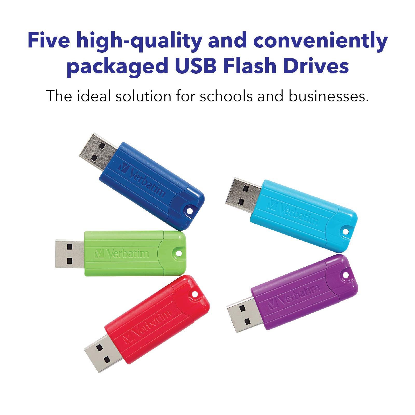 Verbatim 64GB Pinstripe USB 3.2 Gen 1 Flash Drive Retractable Thumb Drive with Microban Antimicrobial Product Protection- 5 Pack - Multicolor (Green, Blue, Red, Purple, Cyan)
