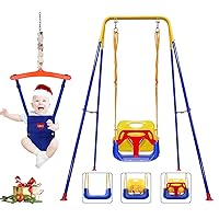 3-in-1 Toddler Swing Set and Baby Jumper, Baby Swing with Bouncers for Indoor Outdoor Play, Sturdy Safety Seat and Foldable Metal Swing Stand Easy to Assemble and Store at Home Garage Yellow