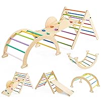 Pikler Triangle Set, 4 in 1 Wooden Toddler Climbing Toys Indoor, Indoor Playground with Ramp for Sliding or Climbing, Jungle Gyms for Toddlers 1-3 Age, Montessori Climbing Set (Rainbow-Medium)