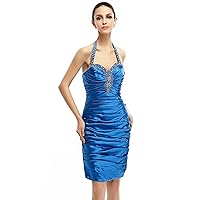 Sapphire Blue Beaded Halter Party Dress With Sequin And Stone Neckline
