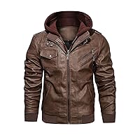 HOOD CREW Men’s Casual Stand Collar PU Faux Leather Zip-Up Motorcycle Bomber Jacket With a Removable Hood