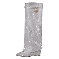 Richealnana Women's Rhinestones Pointed Toe Wedge Boots Knee High Fold Over Boots