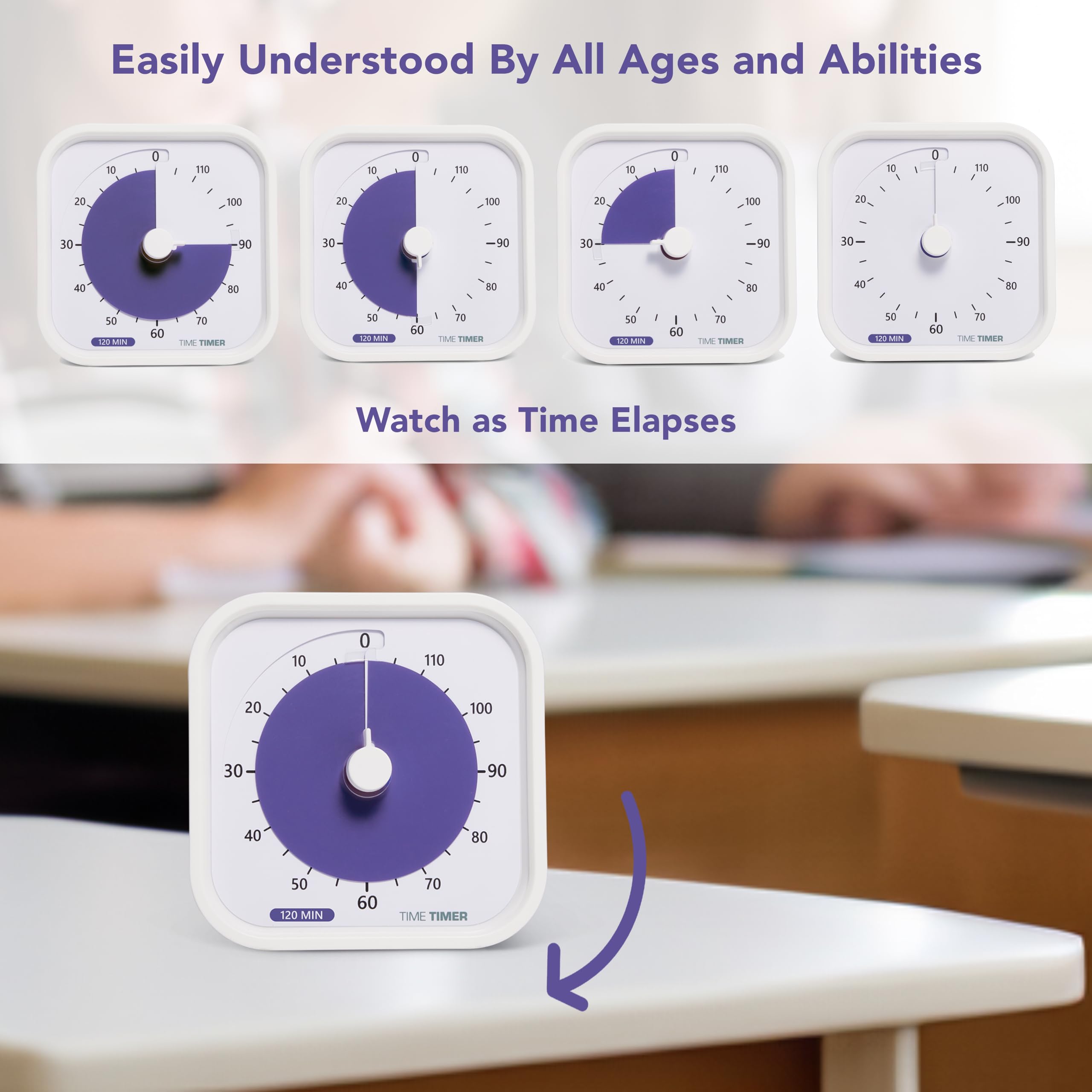 TIME TIMER 120 Minute MOD Education Edition ⁠— Visual Timer with Desktop Software for Kids Classroom Learning, Testing Timer, Study Tool and Office Meetings with Silent Operation (White - 120min)