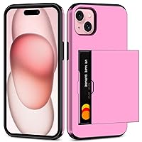 SAMONPOW for iPhone 15 Case with Card Holder Heavy Duty Dual Layer Shockproof iPhone 15 Wallet Case Hidden Card Slot Slim Phone Case for iPhone 15 (Pink)