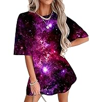 Women Starry Sky Print Tops 2024 Trendy Casual Shirts Summer Loose Round Neck Tee Short Sleeve Oversized T-Shirt
