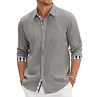 COOFANDY Men's Casual Linen Dress Shirt Plaid Collar Long Sleeve Button Down Shirt