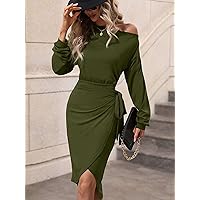 Women's Dress Asymmetrical Neck Tie Side Wrap Hem Dress (Color : Army Green, Size : X-Large)