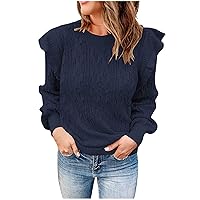 Women's Ruffle Trim Long Sleeve Sweaters Fashion Cable Knit Pullover Casual Loose Fit Crewneck Plain Jumper Tops