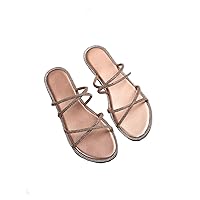 OYOANGLE Women's Rhinestone Strappy Open Toe Slide Sandals Slip on Casual Flat Sandals Rose Gold 8.5