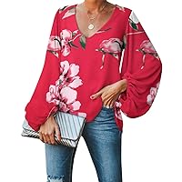 Womens Tops Boho Floral Print V Neck Long Sleeve Tops Casual Cute Loose Blouse Tunic Shirt
