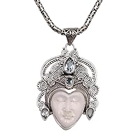 NOVICA Handmade .925 Sterling Silver Blue Topaz Pendant Necklace Face Form Bali Indonesia Birthstone 'Bedugul Prince'