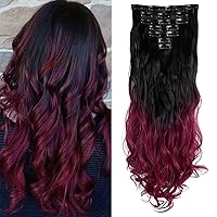 7Pcs 16 Clips 24 Inch Wavy Curly Full Head Clip in on Double Weft Hair Extensions for Women Girls, Black To Wine Red