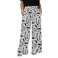 Women's Wide Leg Pants with Pockets with Blk&Wht Design