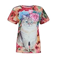 Andongnywell Women Casual Cat Tee Shirt Short Sleeve Tie dye Graphic Round Neck Casual Cute Top Tunics