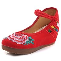 Qianmome Chinese Womens Peony Embroidery Cheongsam Casual Platform Wedges Canvas Mary Jane