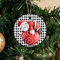 Personalized 3 Inch Merry Christmas Santa Claus with Gift Bag Black White Plaid White Ceramic Ornament Holiday Decoration Wedding Ornament Christmas Ornament Birthday for Home Wall