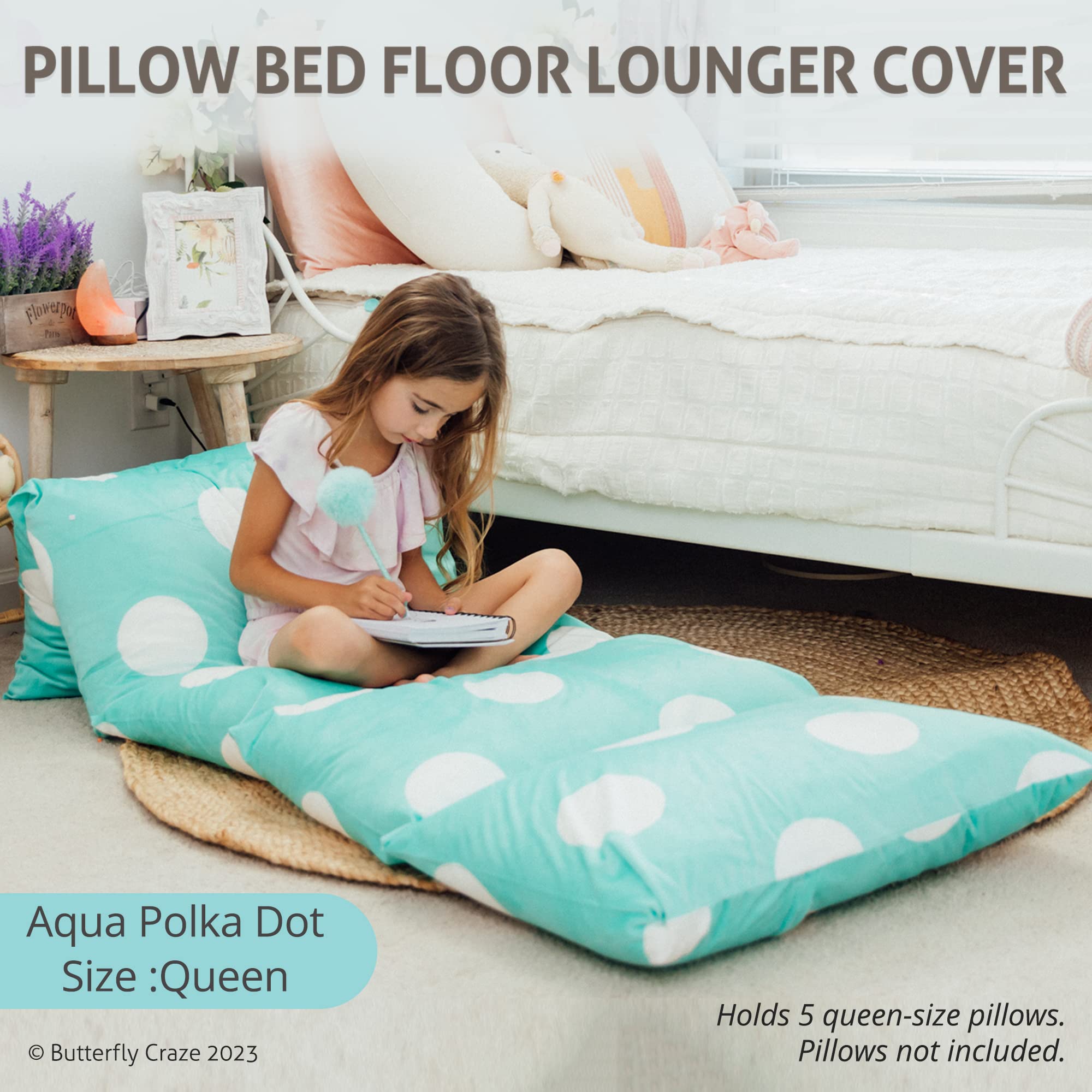 Butterfly Craze Floor Pillow Case, Mattress Bed Lounger Cover, Polka Aqua, Queen, Cozy Seating Solution for Kids & Adults, Recliner Cushion, Perfect For Reading, TV Time, Sleepovers, & Toddler Nap Mat