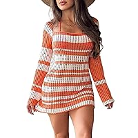 Tcremisa Women's Rib Knitted Striped Dress Sexy Pullover Patchwork Long Sleeve Hollow Out Mini Dress