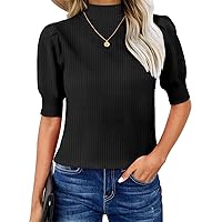 Danedvi Womens Turtle Neck Short Puff Sleeve Ribbed T-Shirt Casual Tunic Tops
