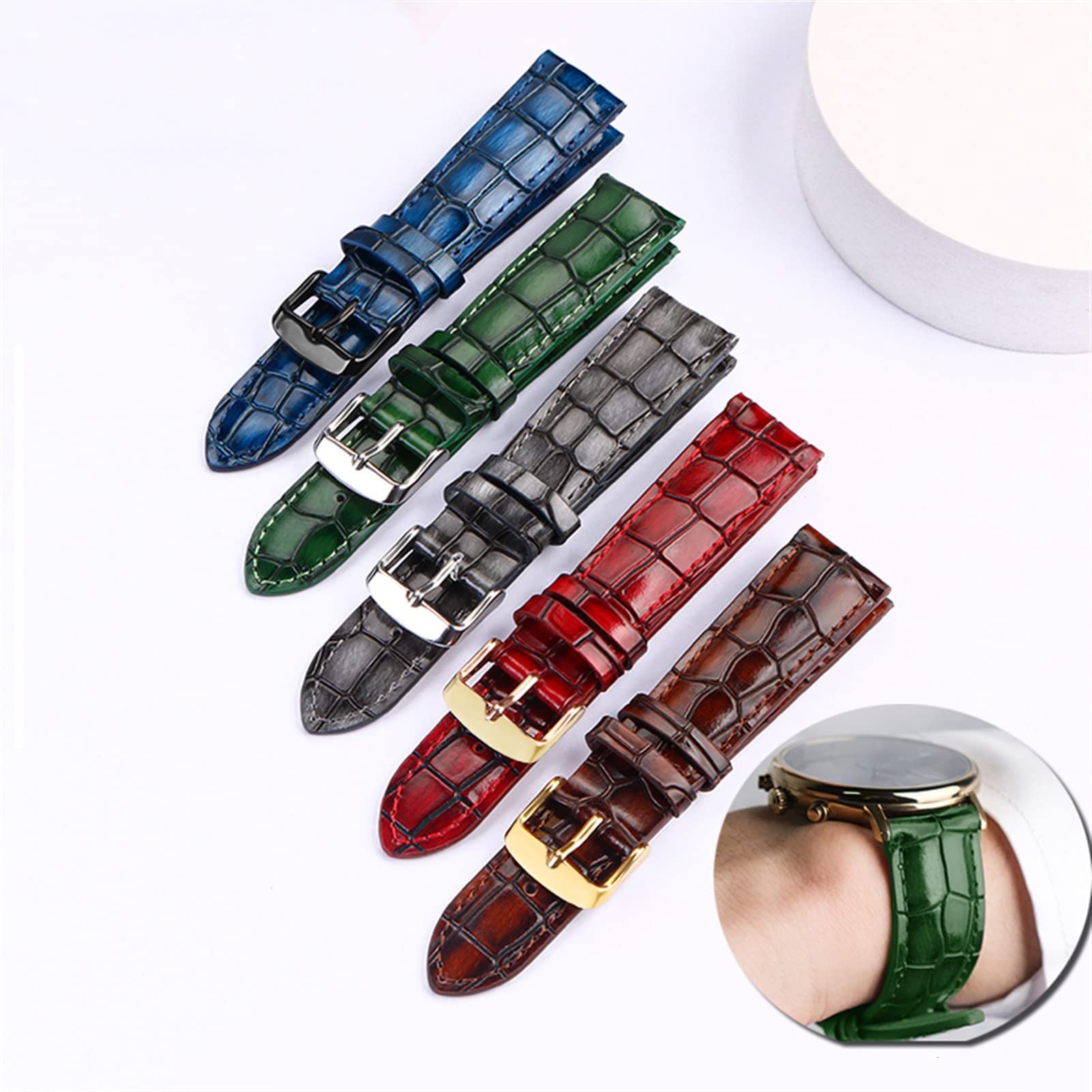Wscebck Crocodile Texture Calfskin Leather Watch Strap18mm 20mm 22mm Watchband for Men Women Watch Band Solid Buckle (Color : Green Silver, Size : 18mm)