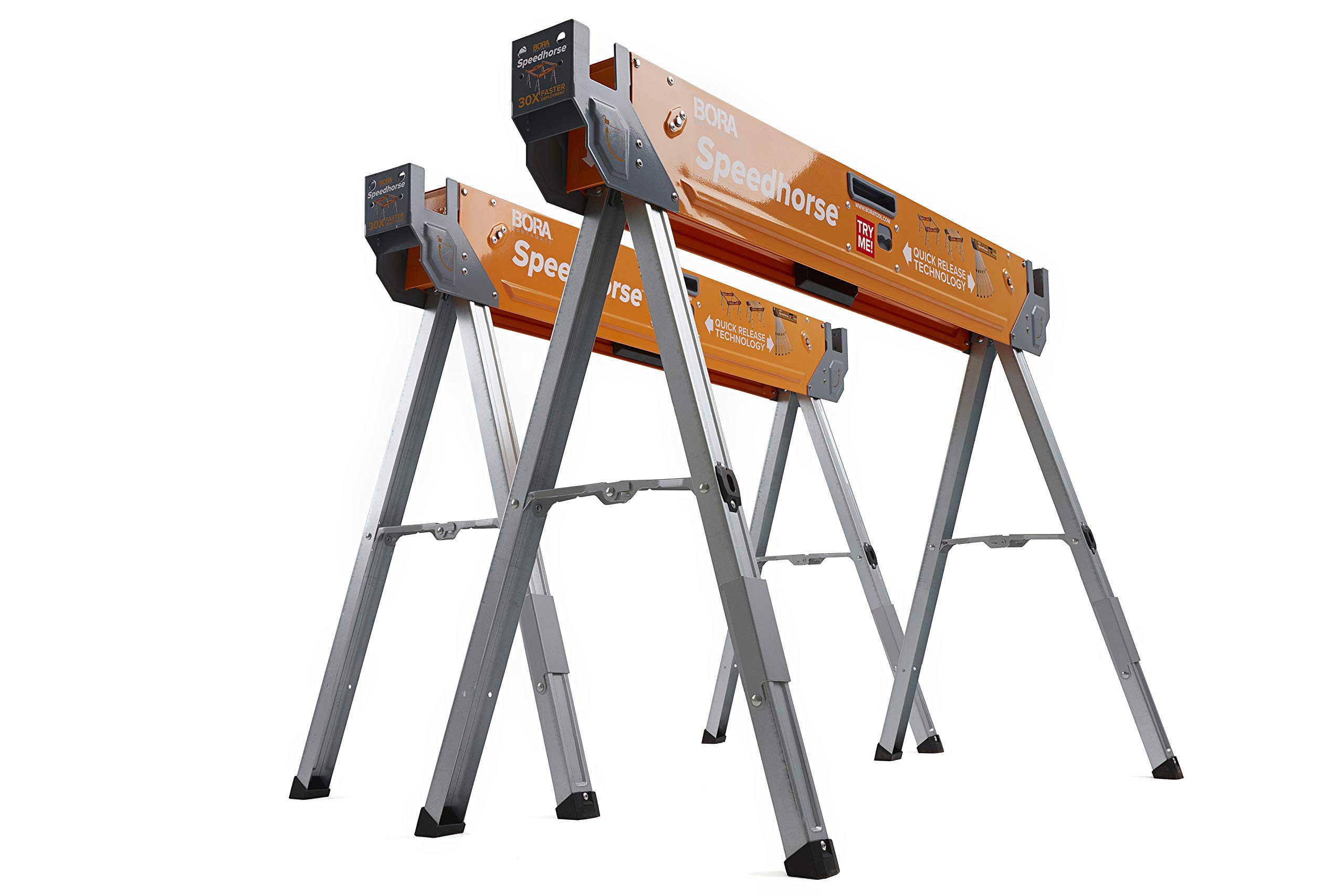 Bora Portamate Speedhorse Sawhorse Pair– Two Pack, Table Stand with Folding Legs, Metal Top for 2x4, Heavy Duty Pro Bench Saw Horse for Woodworking, Carpenters, Contractors, PM-4500T,Orange