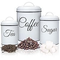 Coffee Tea Sugar Containers for Countertop, 3-Piece Stainless Steel Kitchen Canisters Set, Sugar Jar Coffee Jar with Lids for Fresher Goods, White Farmhouse Kitchen Decor
