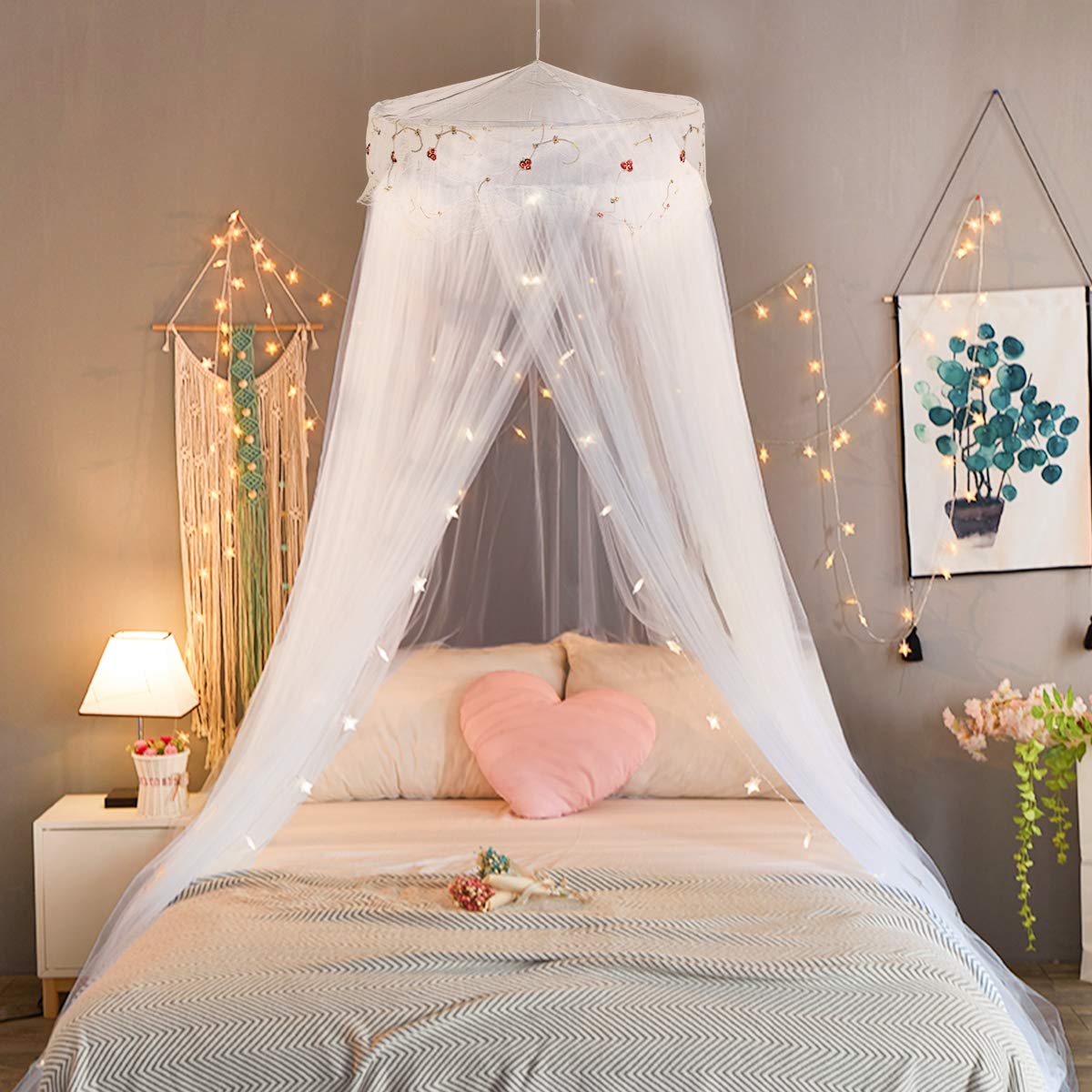 Jeteventy Bed Canopy, Princess Bed Curtain Net for Single to King Size,Bedroom Decoration of Round Lace Dome with Stainless Steel Hook,Quick Easy Installation (White)