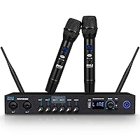 Pyle UHF Wireless Microphone System - Portable Digital Audio Sound Mixer Receiver w/Bluetooth, 2 Handheld Mic, Receiver Base, Addressable Frequency, Great for Home Karaoke & Professional Use, Black