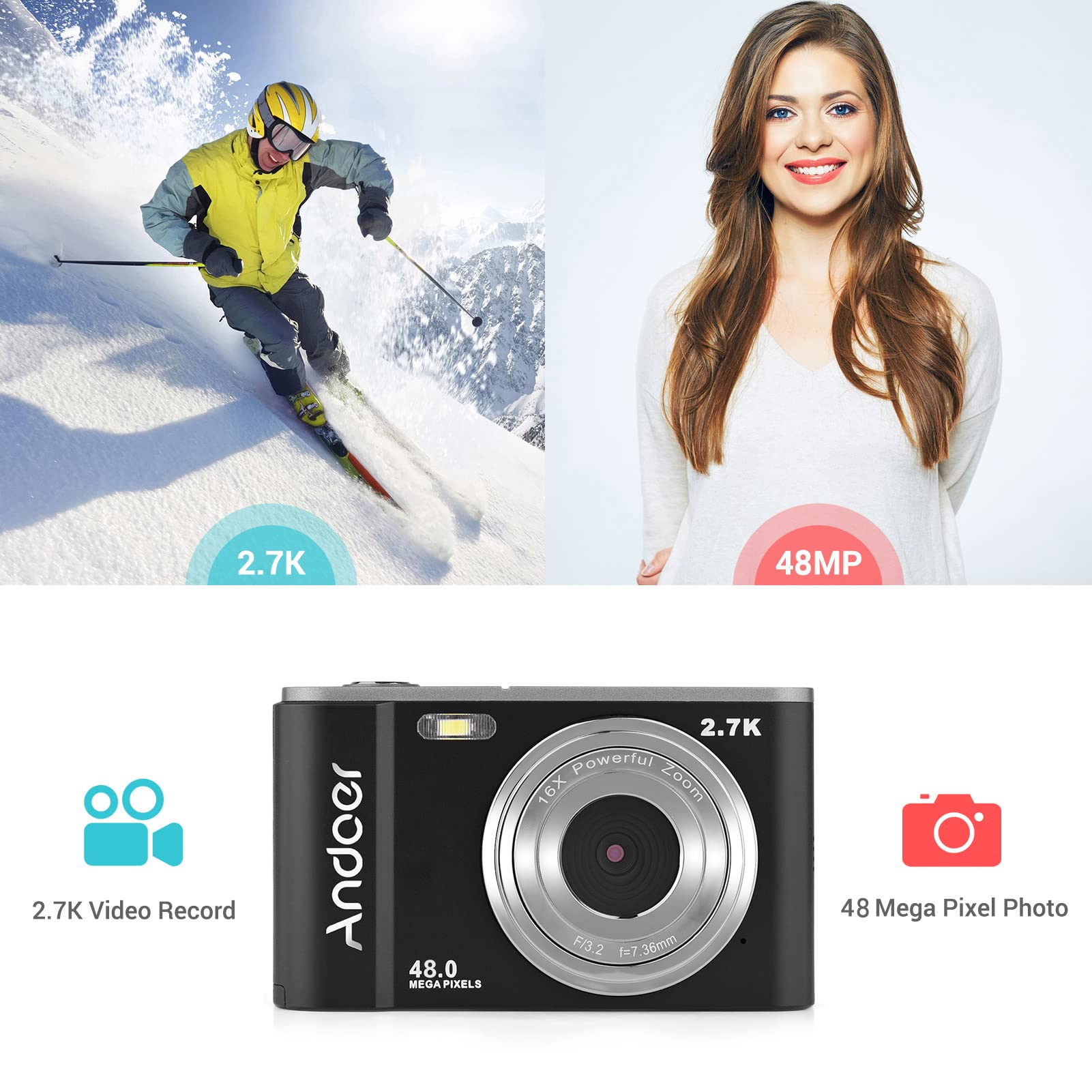 Andoer Portable Digital Camera 48MP 2.7K 2.88-inch IPS Screen 16X Zoom Auto Focus Self-Timer 128GB Extended Memory Face Detection Anti-Shaking with 2pcs Batteries Hand Strap Carry Pouch