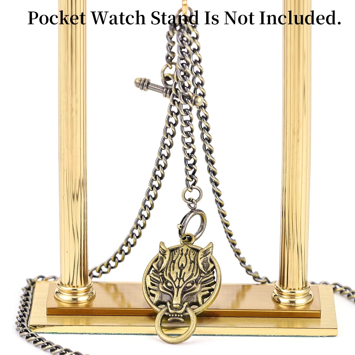 ManChDa Double Albert Chain Pocket Watch, Curb Link Chain 3 Hook Antique Plating Shield Design Fob T Bar for Men with Wolf Pendant
