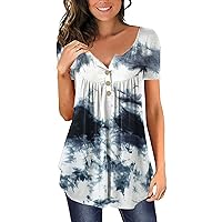Summer Bohemian Flower Flowy Henley T-Shirts for Women Short Sleeve Button Pullover Casual Loose Fit Tunic Tops