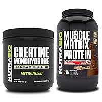NutraBio Creatine Monohydrate, Unflavored, (150 g) and Muscle Matrix Protein Powder, (Dutch Chocolate) Supplement Bundle – Muscle Energy, Maximum Growth, Recovery, and Strength