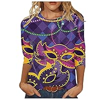 Tshirts Shirts for Women - Plus Size 3/4 Sleeve Tops 2024 Womens Dressy Blouses Trendy Mardi Gras Carnival Clothes