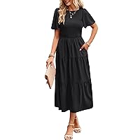 Summer Dresses for Women 2024 Casual Midi Dress with Pockets Boho Crew Neck Elastic Waist Smocked Tiered Dress