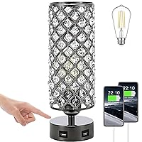 GZKPL Crystal Table Lamp, Touch Control Desk Lamp Bedside Bling Lamp with Dual USB Charging Port Diamond Nightstand Lamp Room Decor for Girls Kids Bedroom, Home Office, Living Room, Restaurant (Black)
