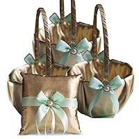 Gold & Mint Wedding Ring Bearer Pillow and Flower Girl Basket Set – Satin & Ribbons – Pairs Well with Most Dresses & Themes – Splendour Every Wedding Deserves