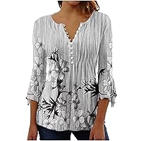 SMIDOW Summer Tunic Tops For Women 2023 Fashion 3/4 Bell Sleeve t-Shirt Bohemian Floral Henley Shirts Empire Waist Blouse
