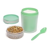 Double Wall Insulated Yogurt Container, Leak Proof Food Storage, Snack Container with Reusable Plastic Spoon, Microwave Safe, Dishwasher safe, Freezer Safe, 14-Ounce, Green