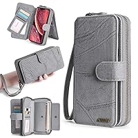 Wallet Case for iPhone 13 pro max Magnetic Flip Detachable Phone Case Shockproof PU Leather Zipper Wallet Case Cover with Card Holder Kickstand Shell Gray