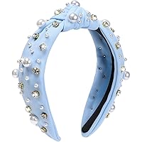 WantGor Pearl Knotted Headband, Women Rhinestone Embellished Hairband Elegant Wide Top Knot Bride Headbands Headpieces Party Fashion Elegant Ladies Hair Band Hair Hoop Accessories (Light Blue)