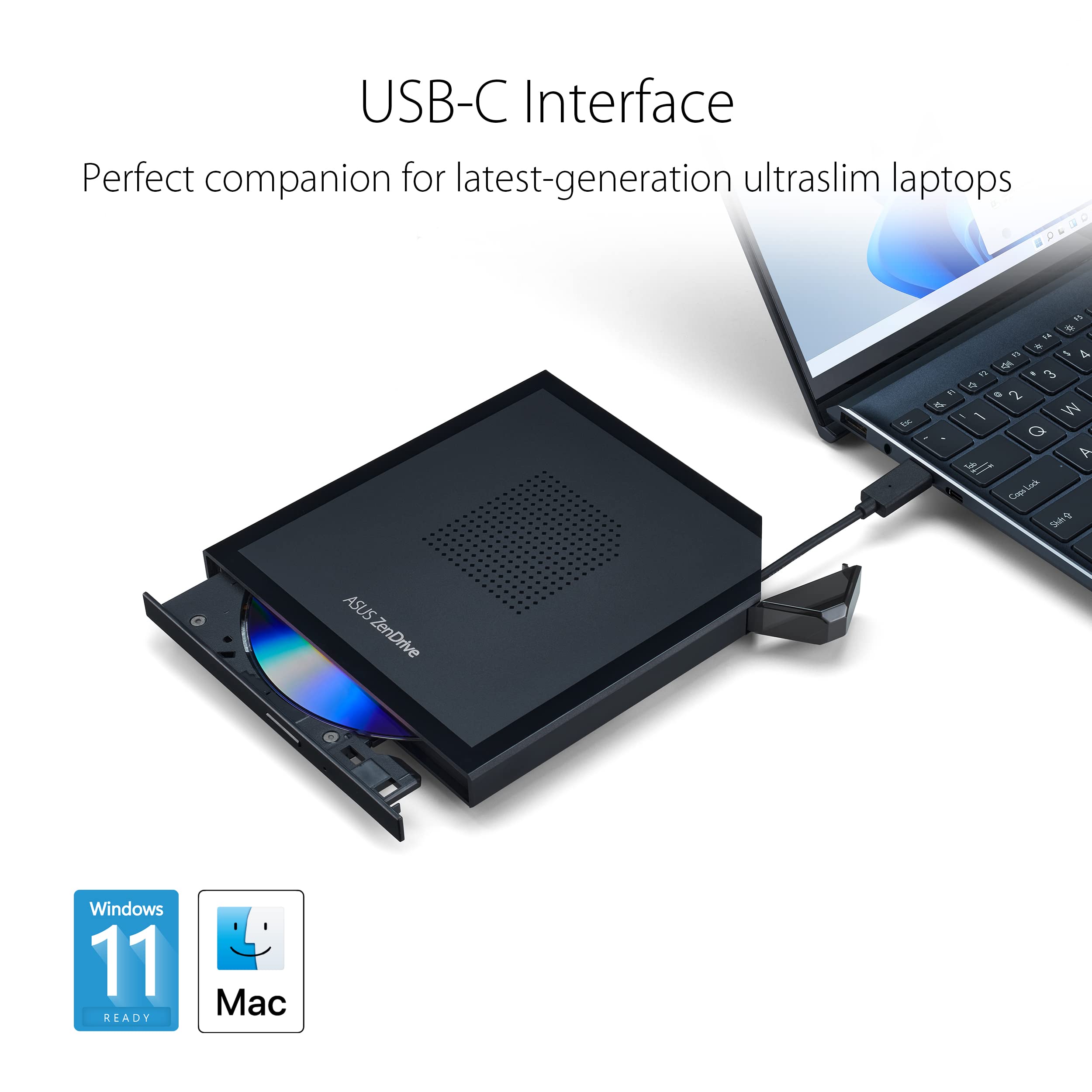 ASUS ZenDrive V1M External DVD Drive and Writer with Built-in Cable-Storage Design, USB-C Interface, Compatible with Win 11 and macOS, M-DISC Support (SDRW-08V1M-U)