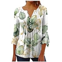 Trumpet 3/4 Sleeve Blouses for Women Leopard Printing Gradient T Shirt Tops Button Pleated Corset Tunic Tees Fall