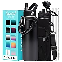 40 oz Water Bottles Insulated - Wide Mouth Stainless Steel Water Bottle with Straw, Spout Lid, Paracord Handle, Carrier Bag, Protective Boot, Metal Water Jug Keep Cold 48H Hot 24H, Hydro Mug Flask